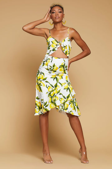 'Daley' Front Tie Lemon Print Dress