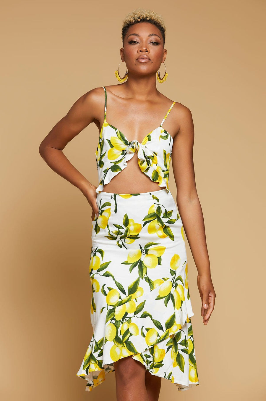 'Daley' Front Tie Lemon Print Dress