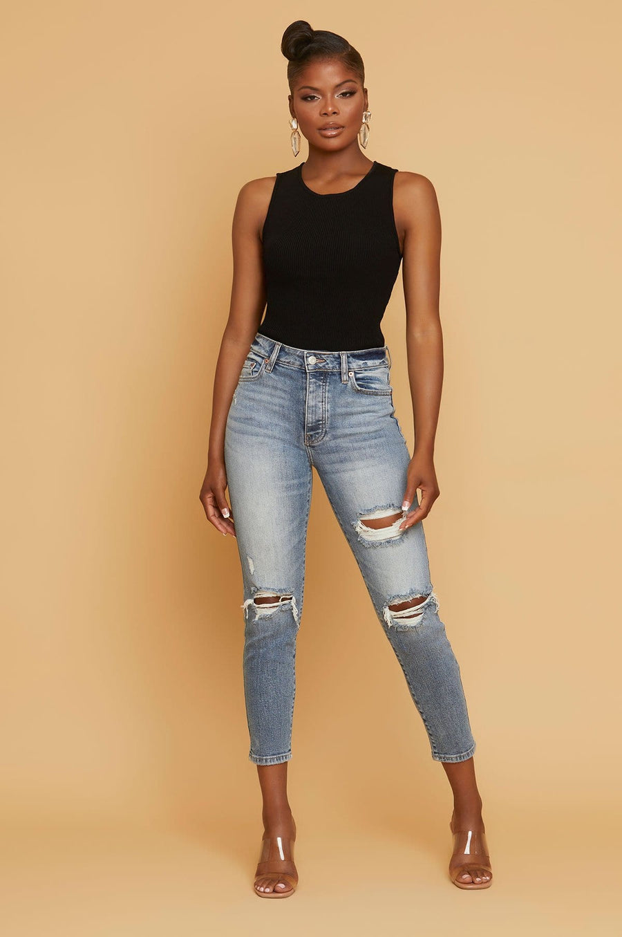 Special A Distressed High Rise Mom Jeans