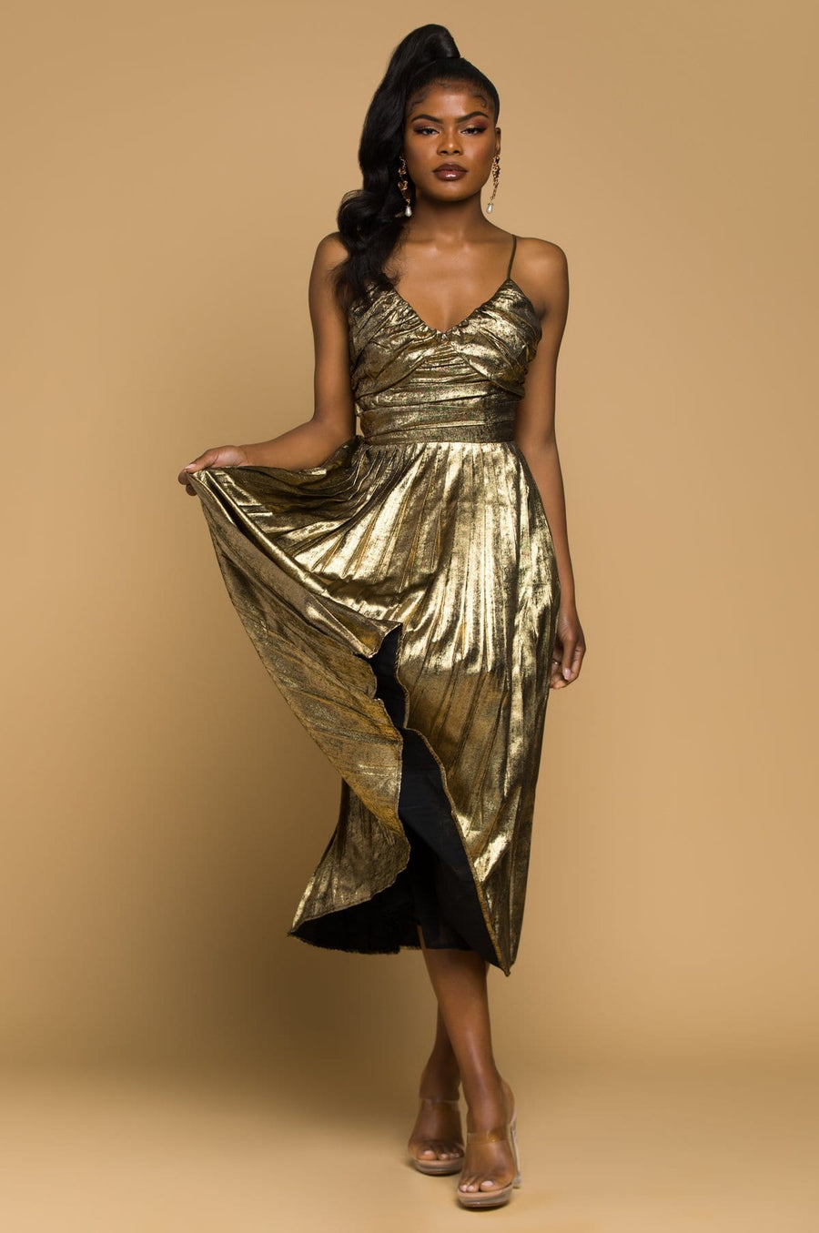 'Alissa' Gold Lame Midi Dress