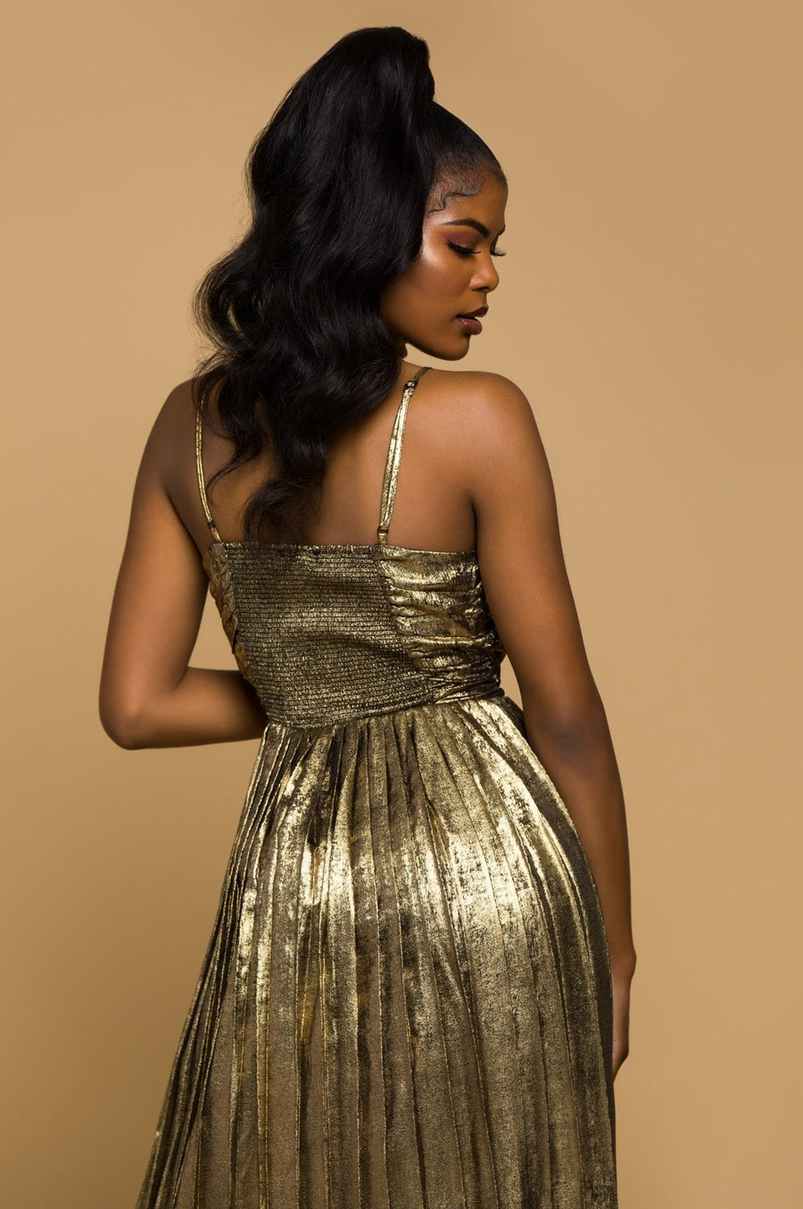 'Alissa' Gold Lame Midi Dress